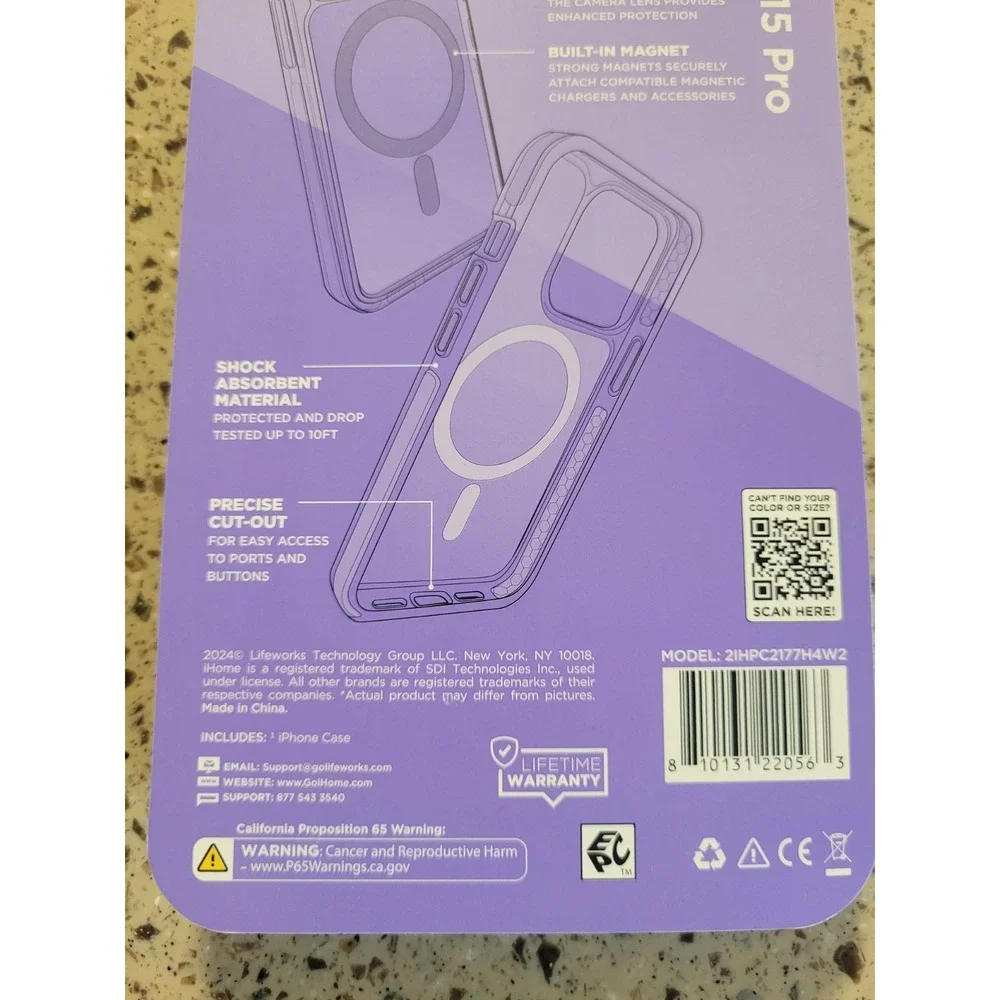 iHome Velo Purple iPhone 15 Pro Magsafe Compatible Protective Cellphone Case